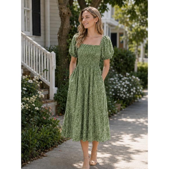 Abercrombie & Fitch Dresses & Skirts - Abercrombie & Fitch Green Floral Linen Blend Smocked Puff Sleeve Midi Dress XL